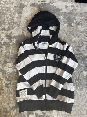 Nununu Black & White Striped Hooded Zip-Up Sweatshirt, size 6-7